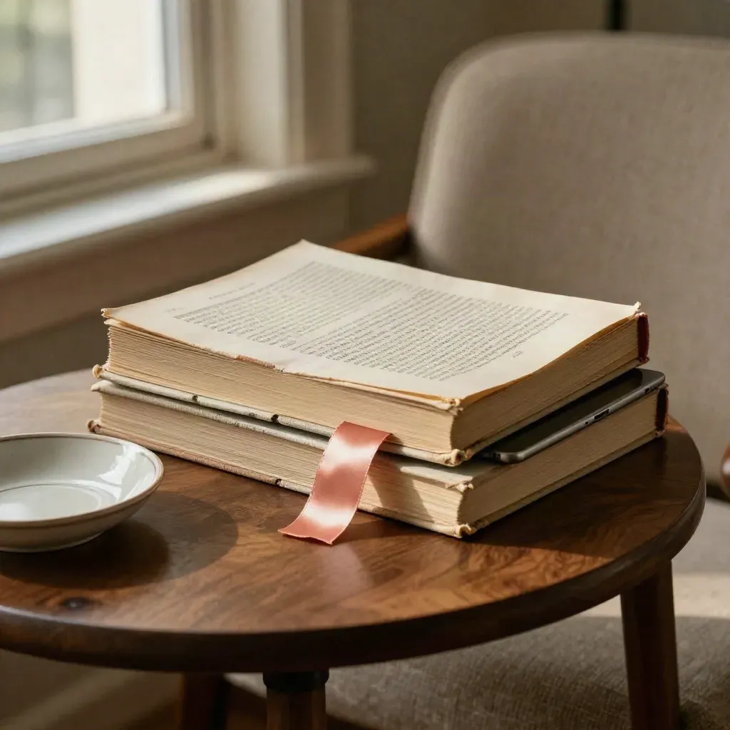 Dog-eared anthology with tablet, bookmark, and dish beside a reading chair in warm lamplight.
