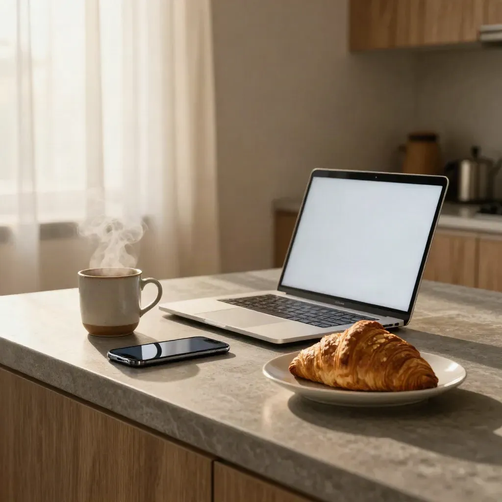 Kitchen island with phone, laptop, mug and croissant in bright sunrise steam