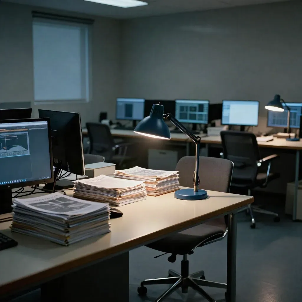 Empty newsroom table with turned monitors, stacked print packets, a rolling chair, and a navy lamp.