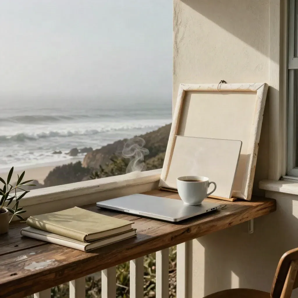 Closed laptop, coffee cup, and notebooks on a misty California balcony above the ocean.
