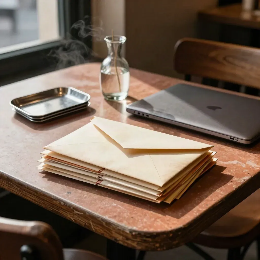 Overhead café table with reader mail envelopes, closed laptop, receipt tray and glass vase in warm afternoon light.