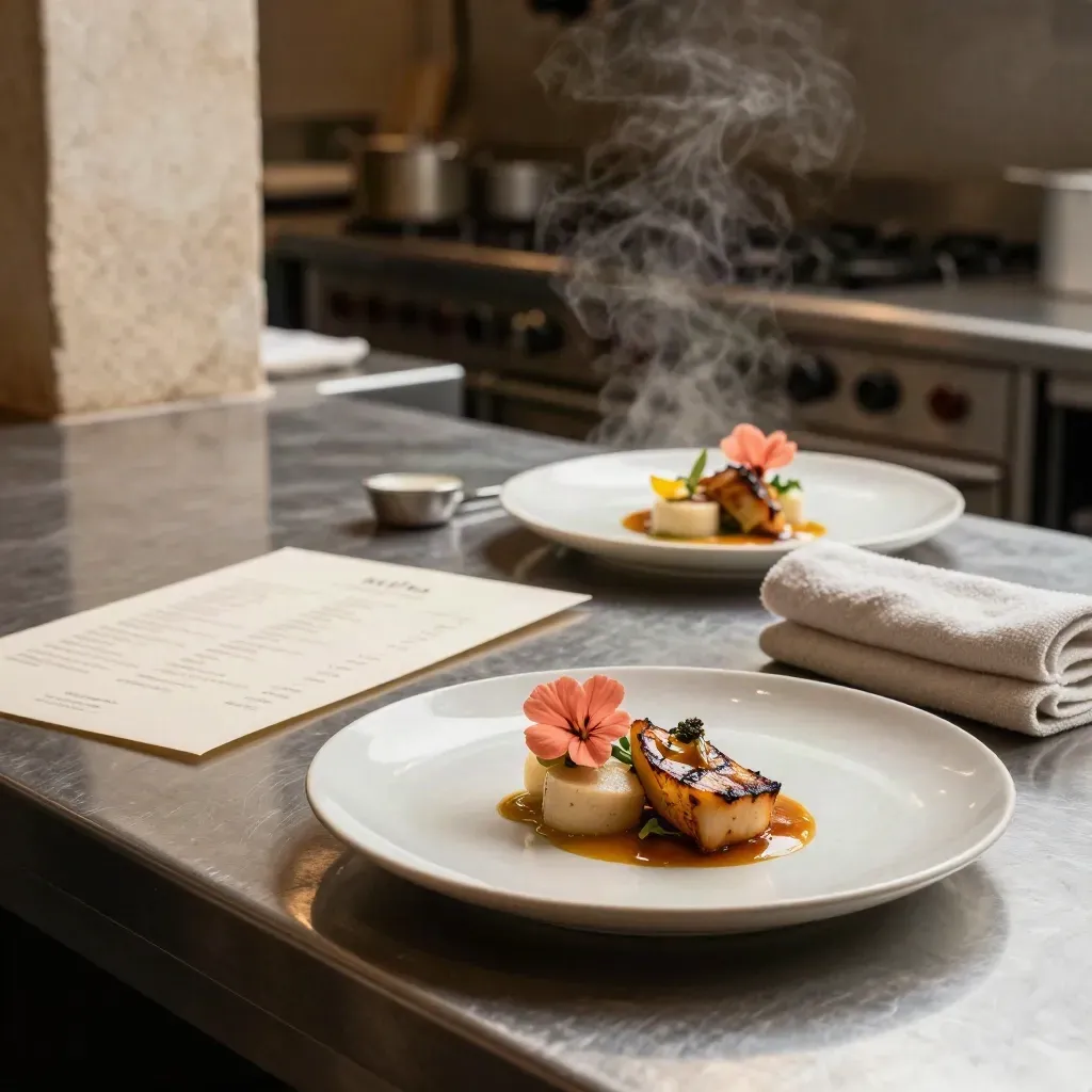Plated tasting dishes on a restaurant pass with steam and a face-down menu draft nearby.