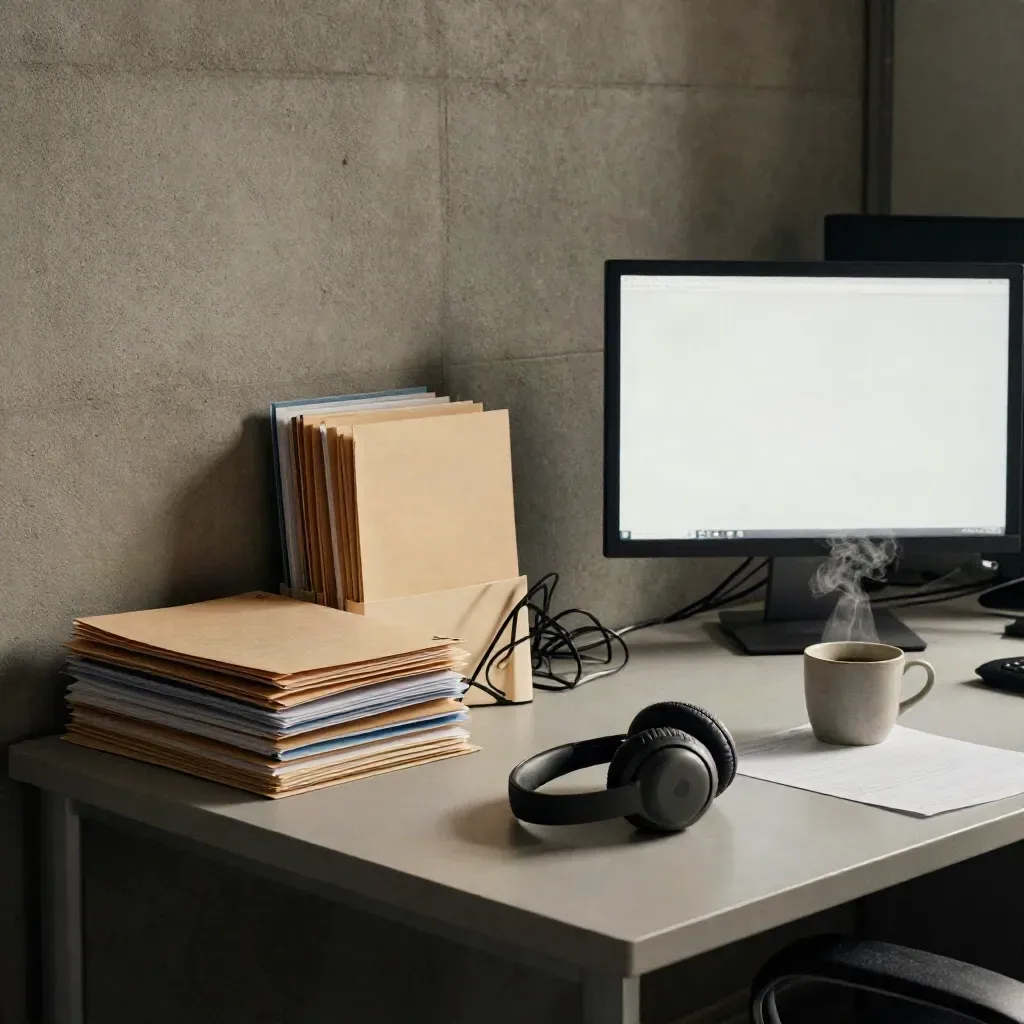 Oblique newsroom desk with glowing monitors, folders, headset, and coffee in moody haze.
