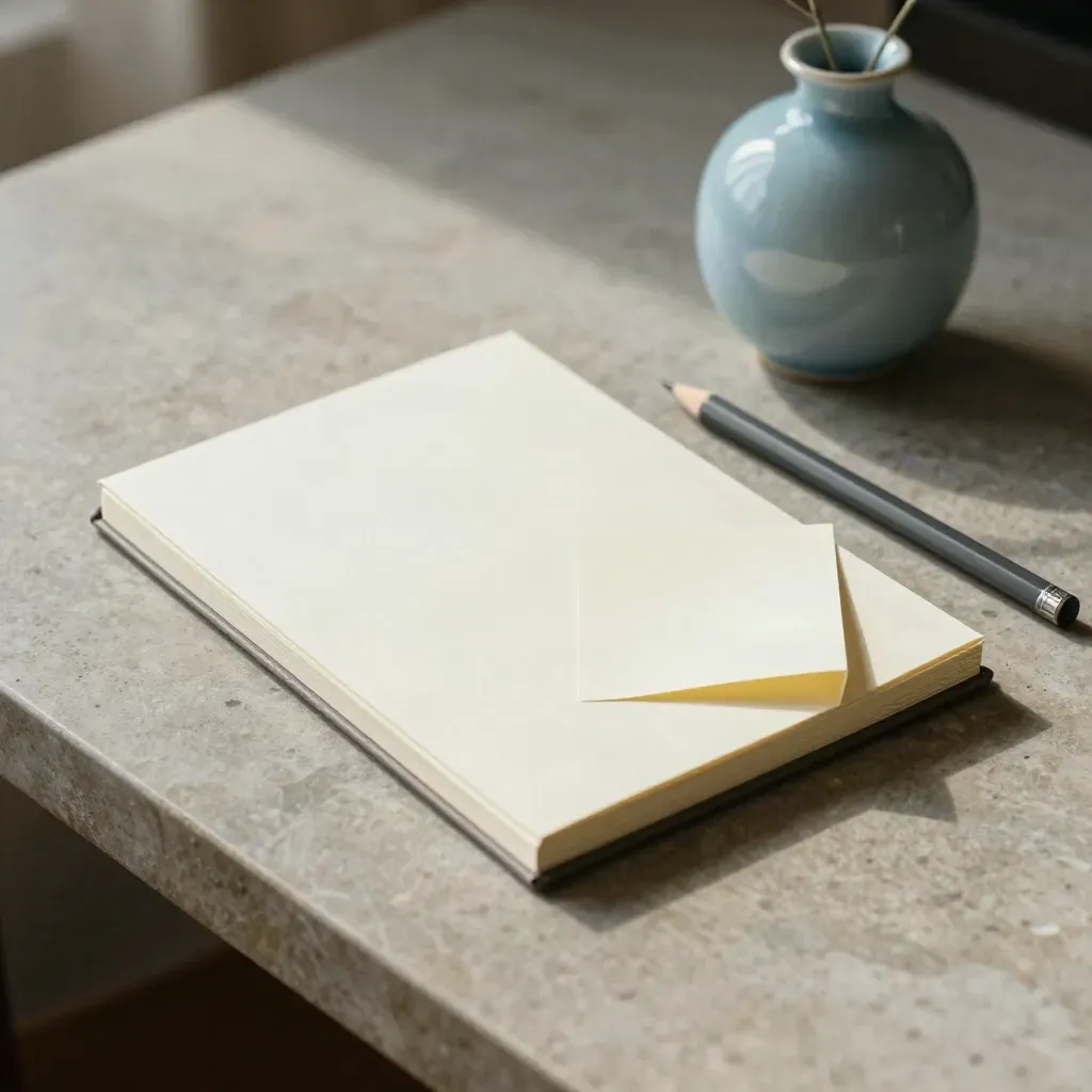 Memo pad, folded note card, graphite pencil, and sky-glazed bud vase on a stone desk in soft daylight.