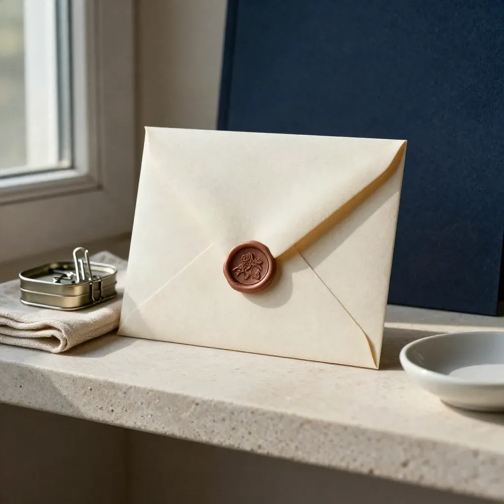 Sealed envelope, paperclip tin, linen napkin and ceramic dish on a pale stone shelf.