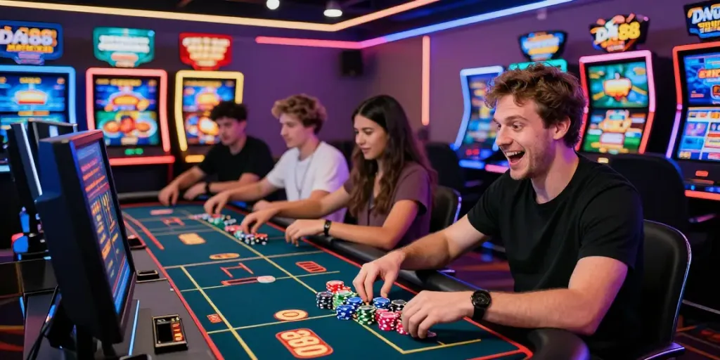 Engaged players enjoying DA88 online casino gaming experience with vibrant lights and excitement.