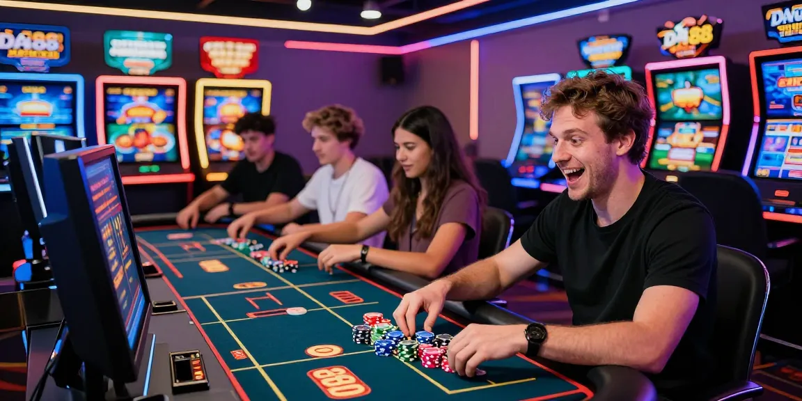 Engaged players enjoying DA88 online casino gaming experience with vibrant lights and excitement.