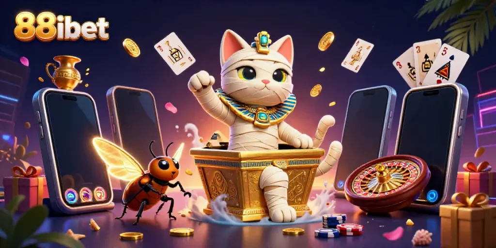 Engage with thrilling 88ibet adventure featuring a mummy cat in a vibrant casino scene