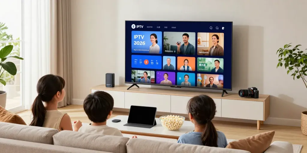 Family enjoying shows on flat-screen TV with best IPTV subscription in modern living room