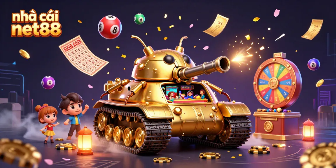 Play exciting games at nhà cái net88 with a vibrant 3D casino illustration full of fun elements.