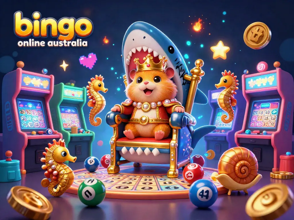 Bingo online Australia: Experience a dynamic illustration depicting an exciting bingo scene with colorful elements and a golden hamster king.