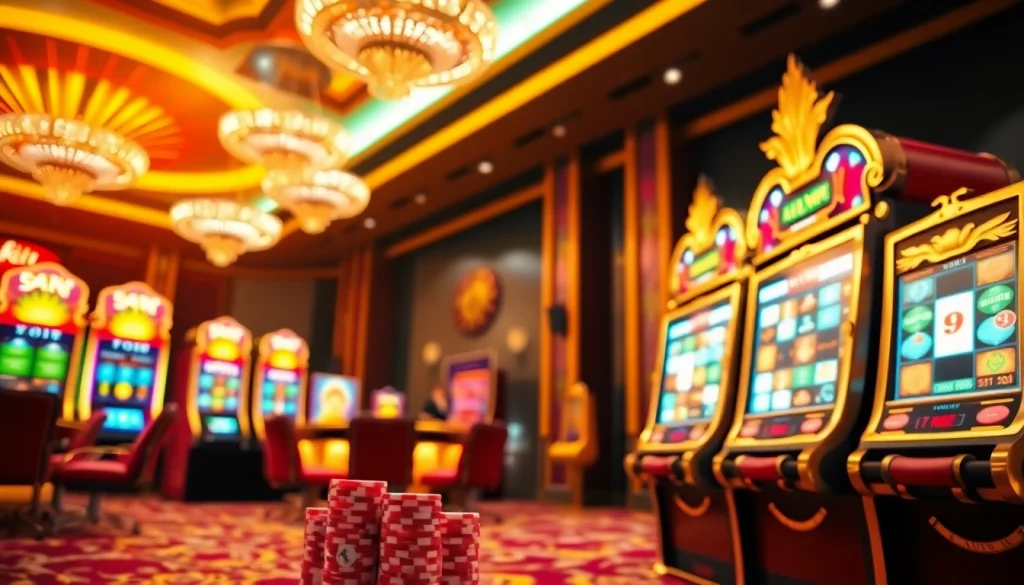 nổ hũ đổi thưởng action at a luxurious casino with vibrant slot machines and roulette wheel