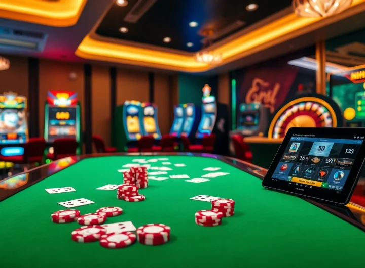 Experience the excitement at NHÀ CÁI FEBET with dynamic casino tables featuring vibrant poker chips and illuminated slot machines.