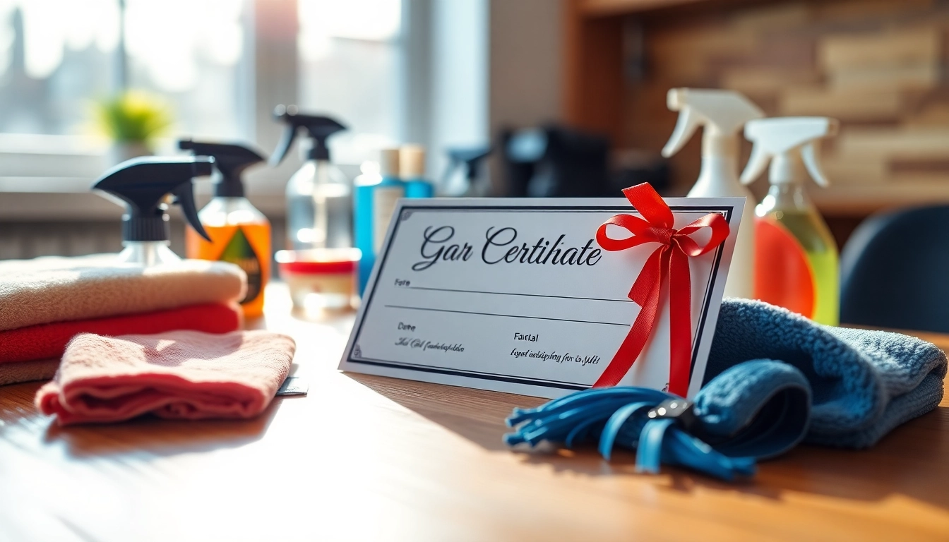 Promote car detailing gift certificate with stylish presentation on a wooden desk, showcasing detailing tools.