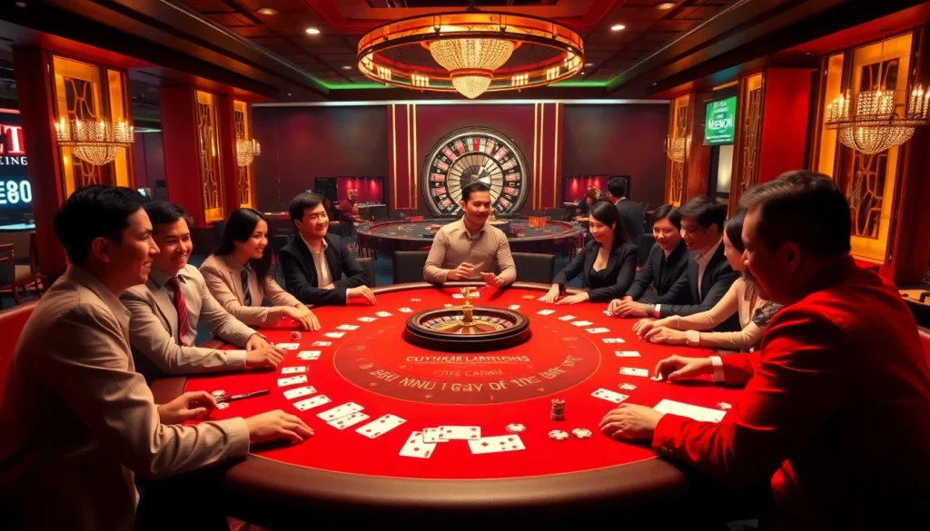 Players enjoying a thrilling poker game at https://uu88c.casino/ with vibrant chips and cards.