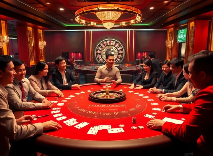 Players enjoying a thrilling poker game at https://uu88c.casino/ with vibrant chips and cards.