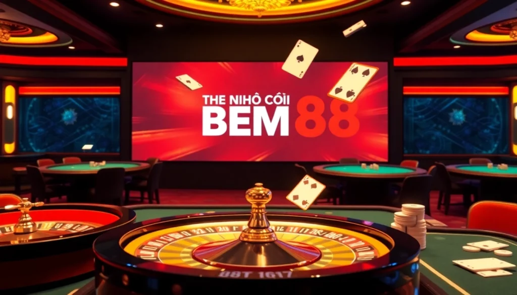 Experience thrilling gameplay at NHÀ CÁI BEM88 with vibrant roulette and card tables in a luxury casino setting.