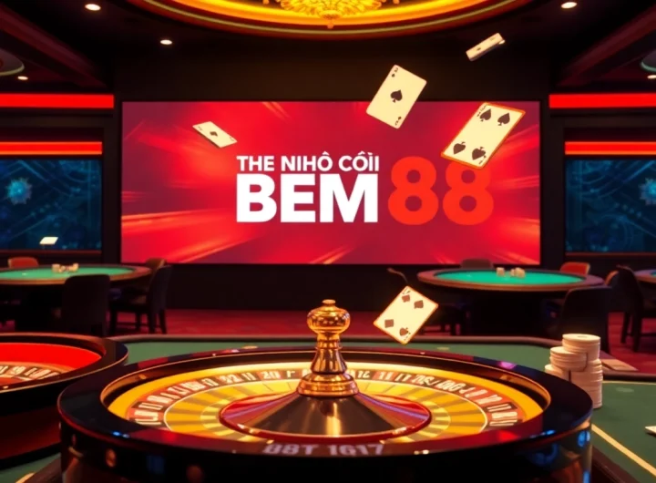 Experience thrilling gameplay at NHÀ CÁI BEM88 with vibrant roulette and card tables in a luxury casino setting.