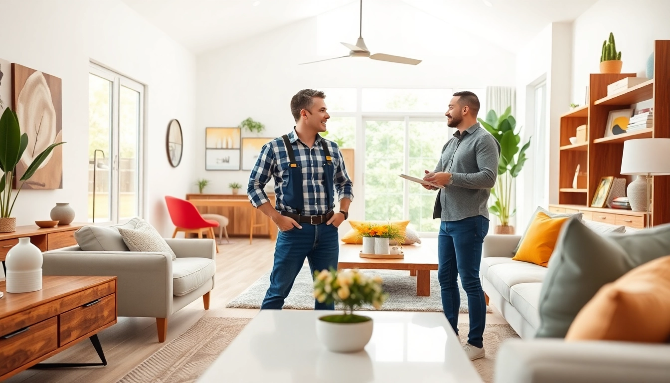 Austin residential remodeling contractor consulting with homeowners in a stylish living room.