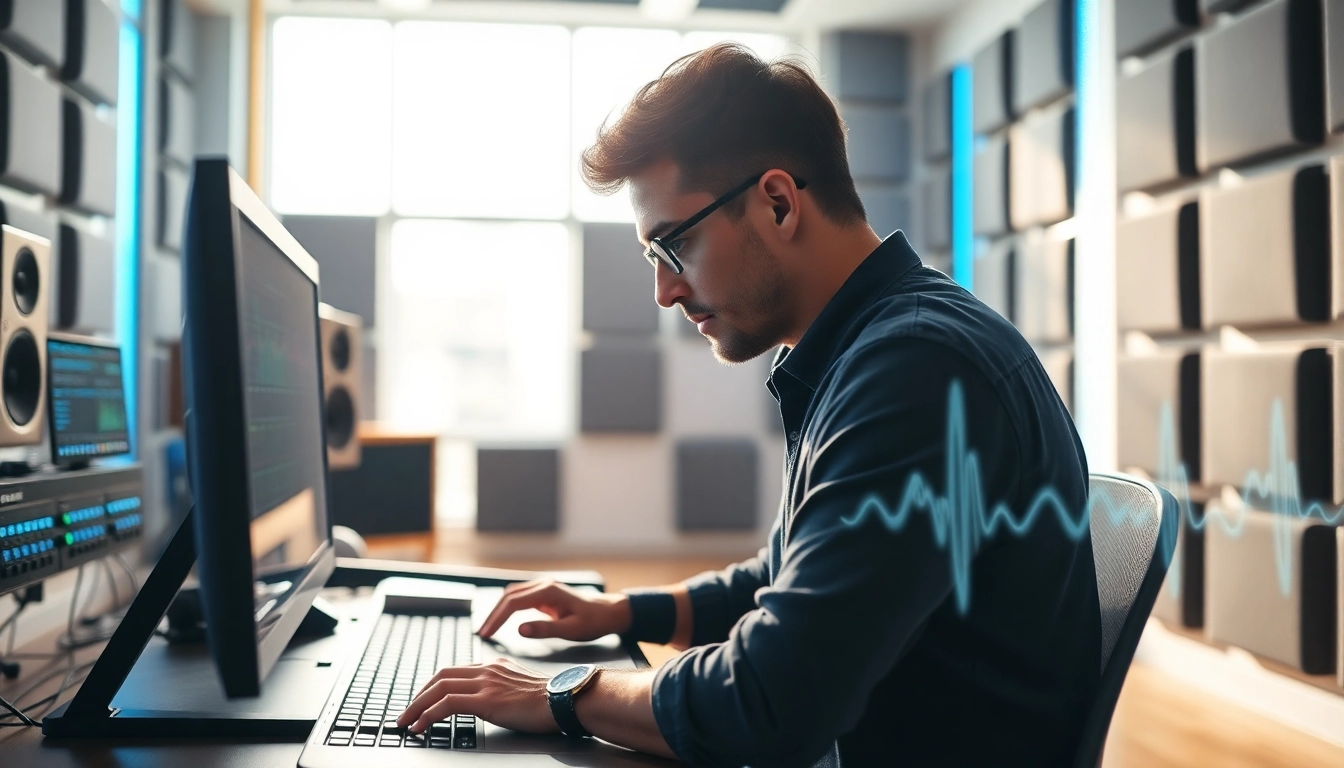 Engaged professional mastering sound in a digital studio, showcasing online mastering in action.