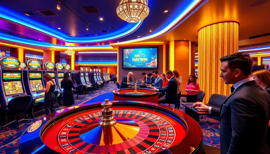 Experience the thrill of gambling at NHÀ CÁI HAYWIN with vibrant casino tables and players placing bets.