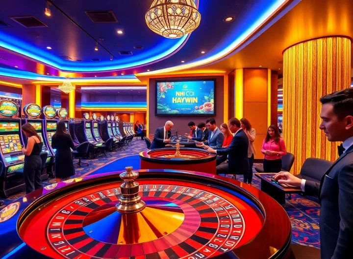 Experience the thrill of gambling at NHÀ CÁI HAYWIN with vibrant casino tables and players placing bets.
