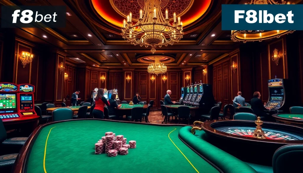 Experience the thrill of gaming at f8bet.com with players engaging at luxurious casino tables.