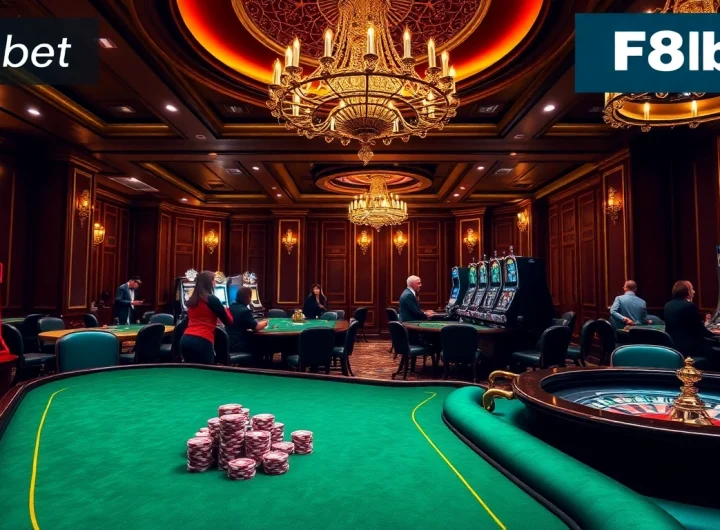 Experience the thrill of gaming at f8bet.com with players engaging at luxurious casino tables.