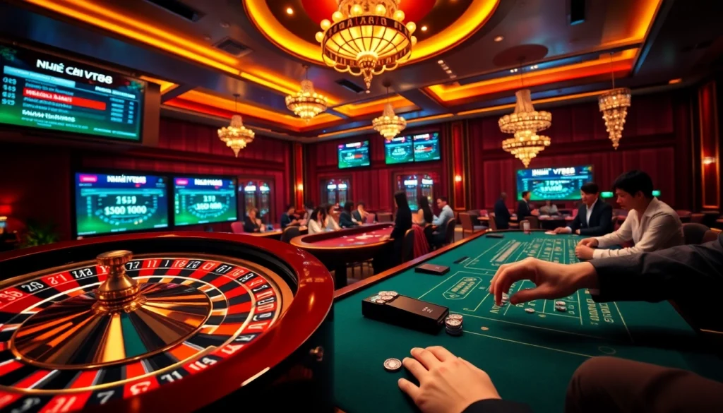 Experience thrilling wins at NHÀ CÁI VT88 with a lively casino atmosphere showcasing poker chips and roulette.