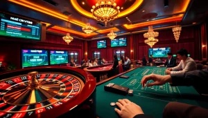 Experience thrilling wins at NHÀ CÁI VT88 with a lively casino atmosphere showcasing poker chips and roulette.