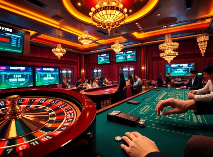 Experience thrilling wins at NHÀ CÁI VT88 with a lively casino atmosphere showcasing poker chips and roulette.