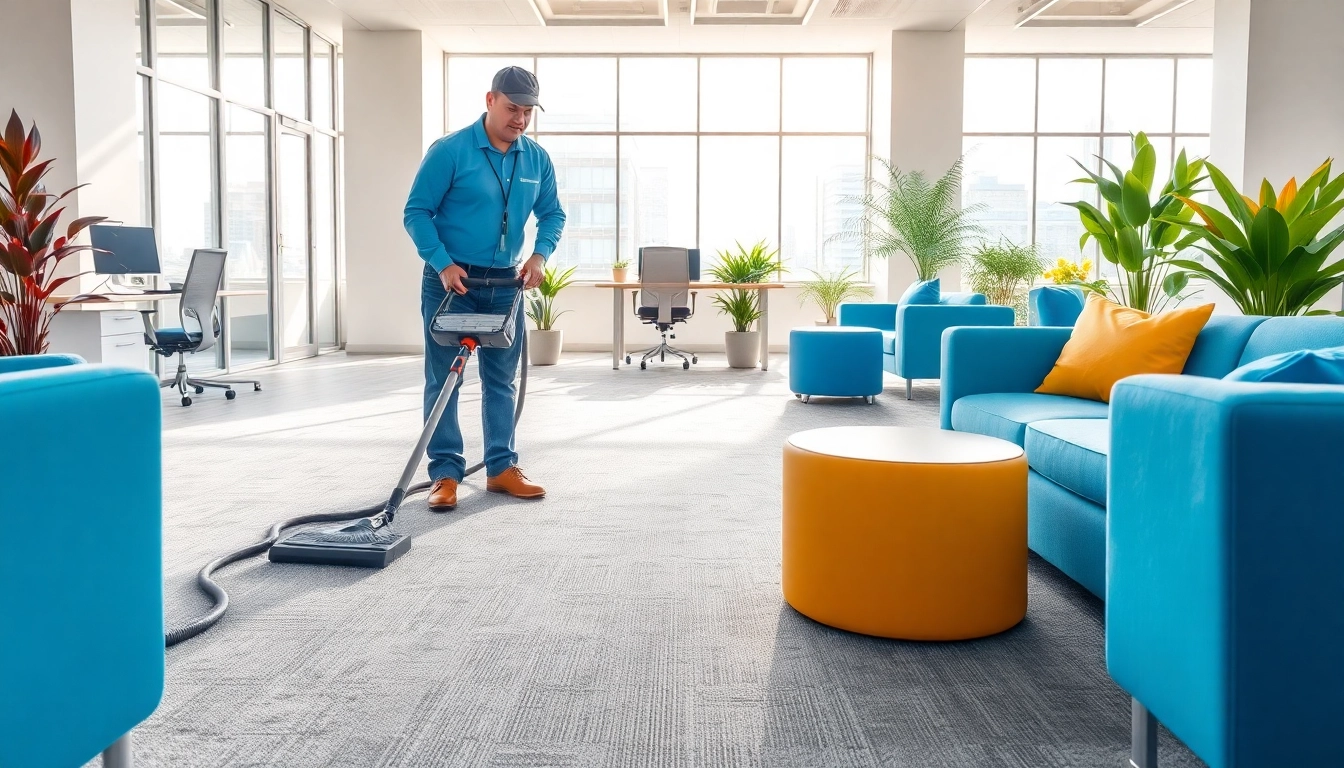 Commercial carpet cleaning in a modern office, highlighting a cleaner with advanced equipment.