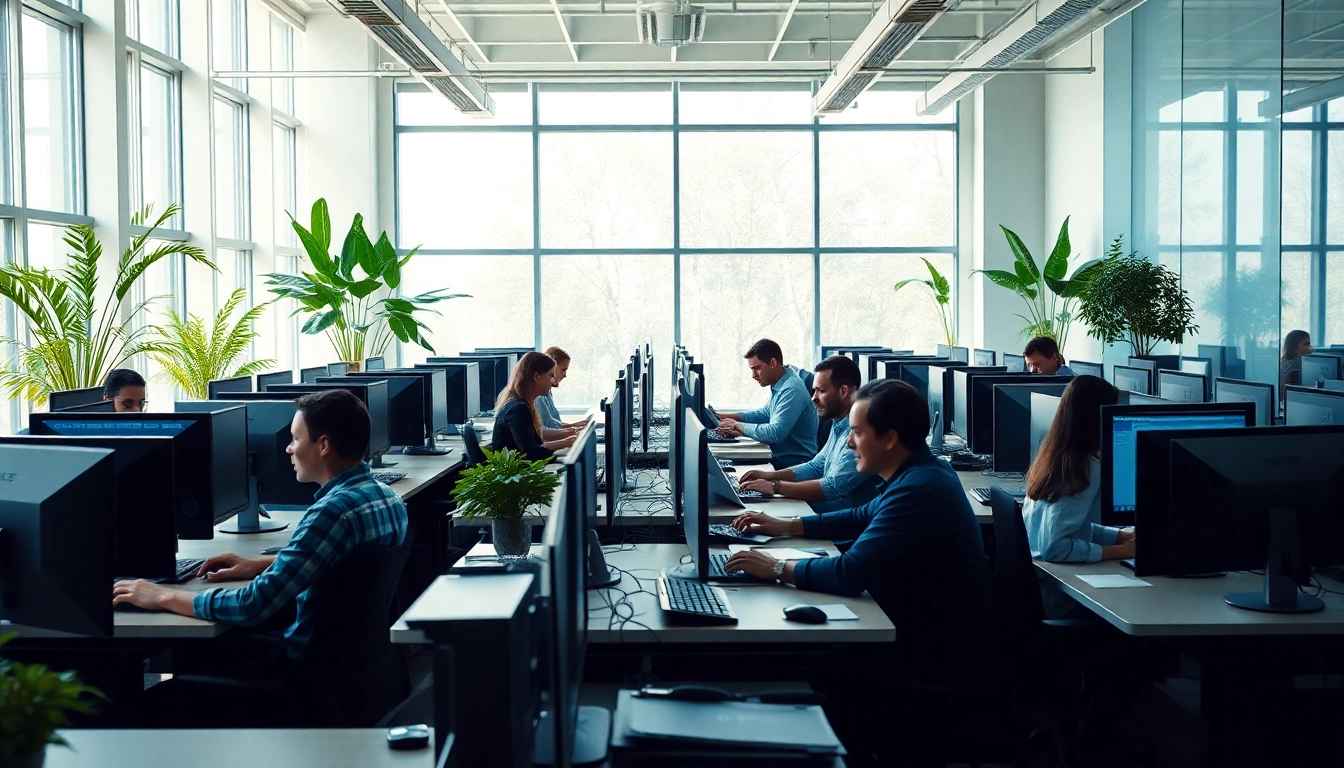 Efficient typing center with professionals working and bright office ambiance.