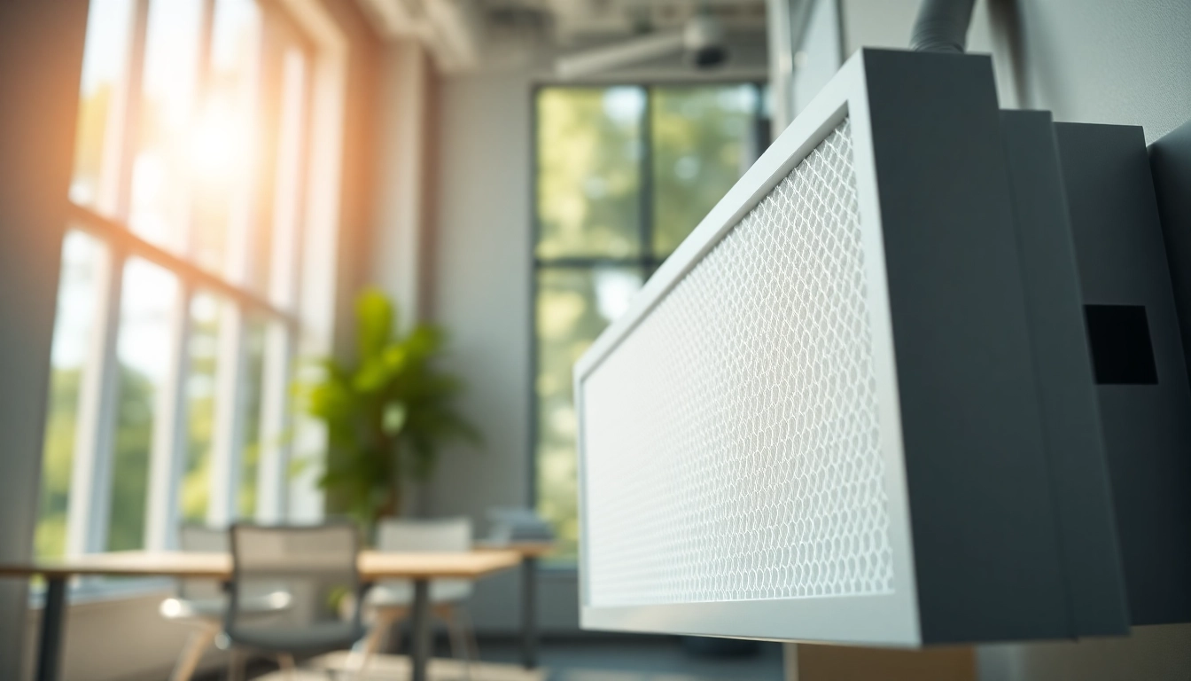 Installing a hepa filter in a modern office for improved air quality.