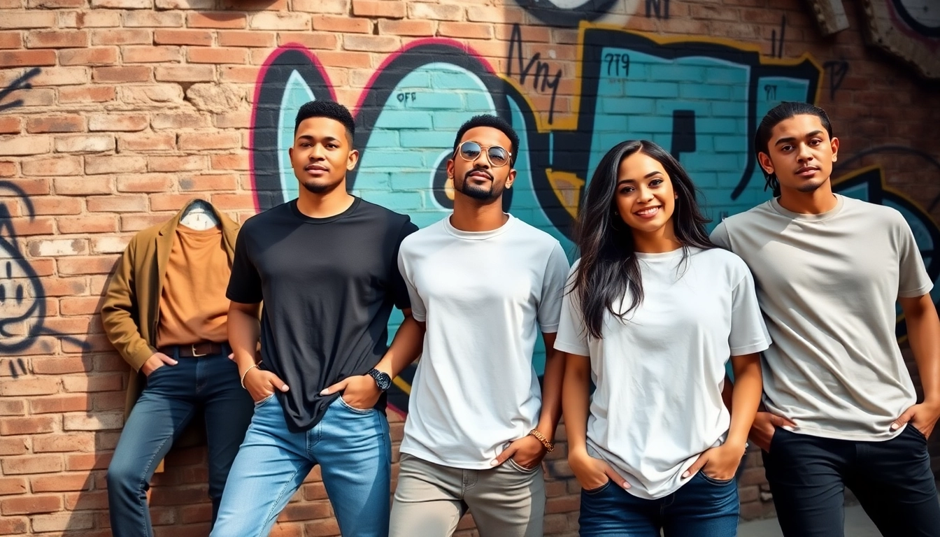 Shop best blank t shirts in stylish urban settings with trendy models showcasing vibrant designs.