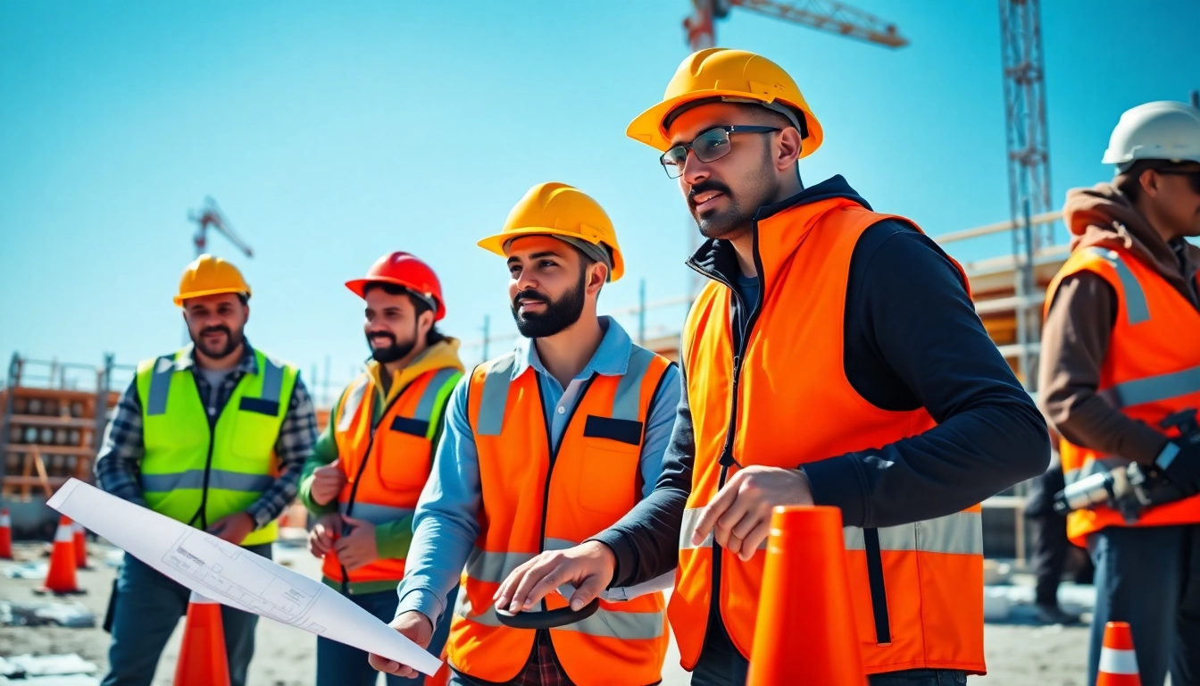 Engaged trainees in construction training using tools at a vibrant outdoor site.