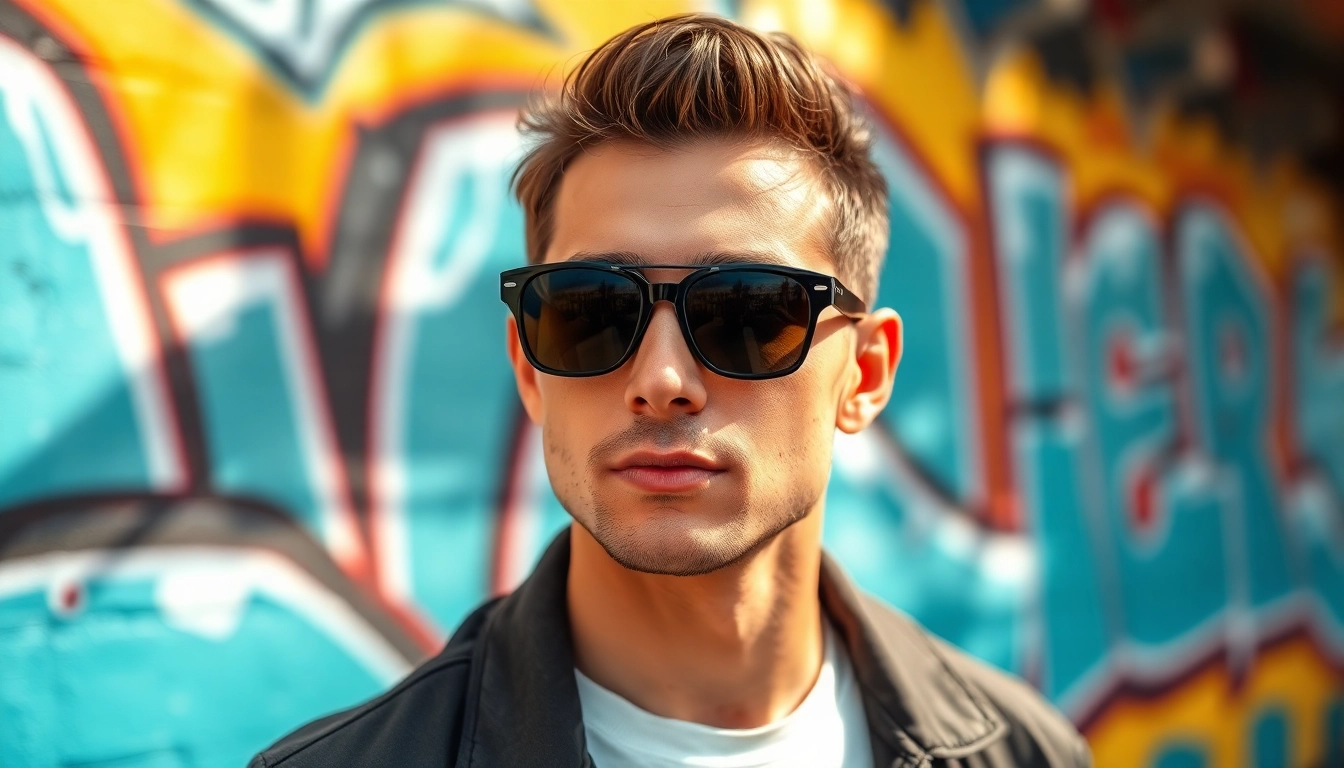 Stylish man sporting trendy sunglasses for men with vibrant urban backdrop.
