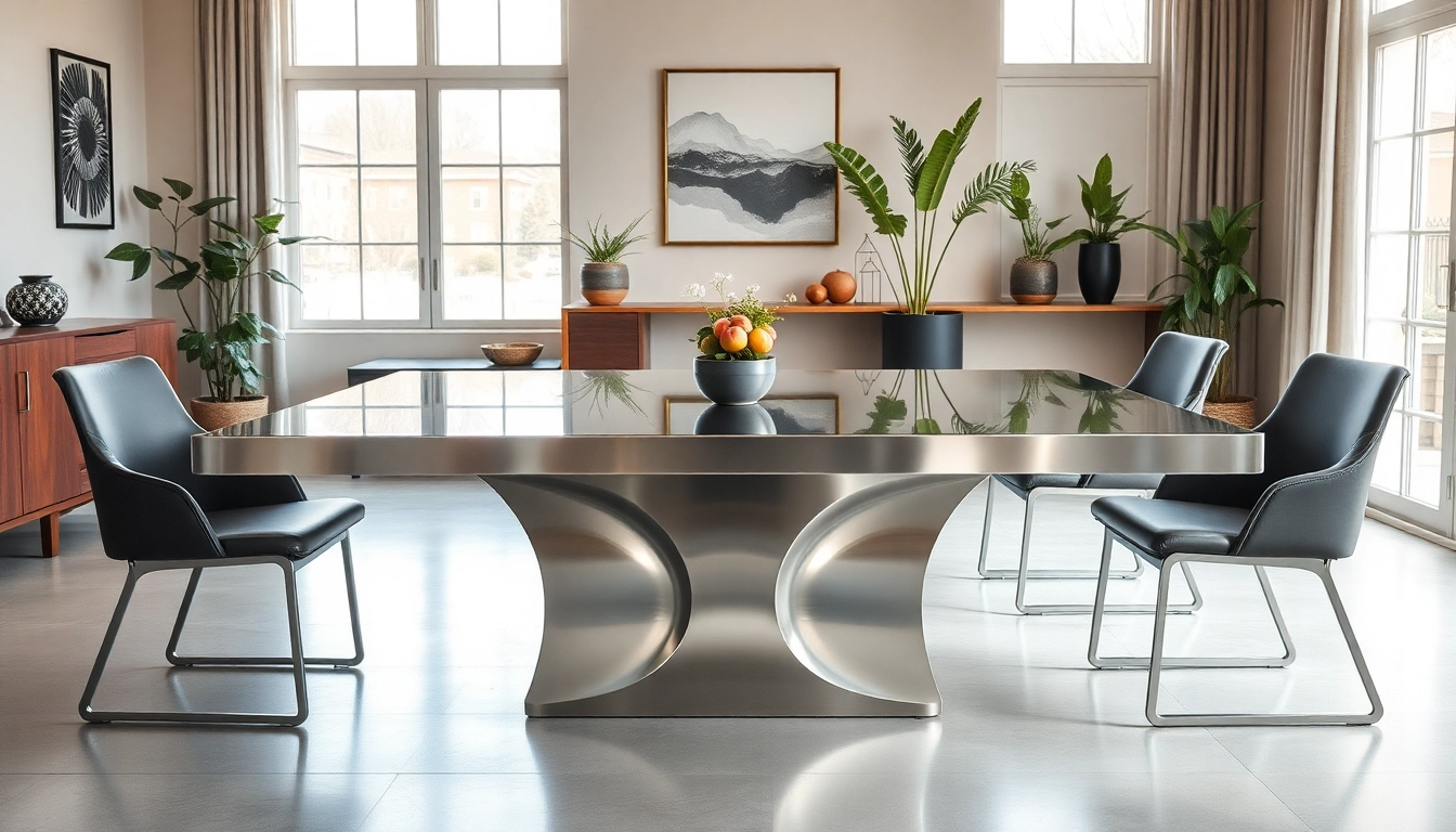 Stainless steel table elegantly placed in a modern dining room with natural lighting.