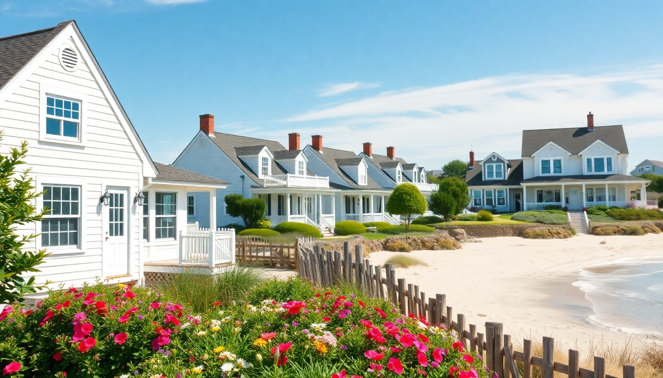 Cape Cod homes beautifully set along a vibrant coastline with lush gardens.