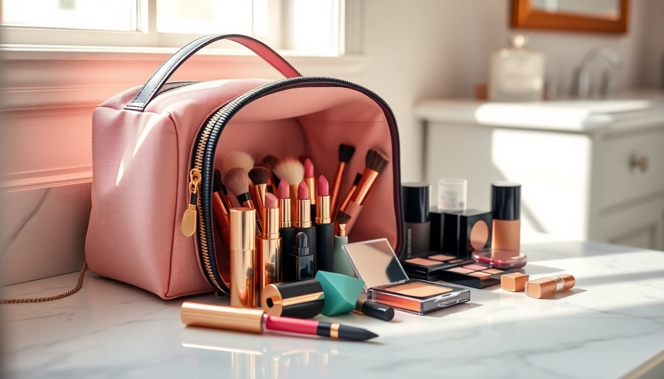 Showcase the skone cosmetics signature makeup bag filled with vibrant makeup products on a marble surface.