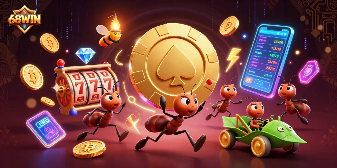 Engage with 68WIN thrilling gameplay as a team of ants heist a giant poker chip amidst vibrant casino elements.
