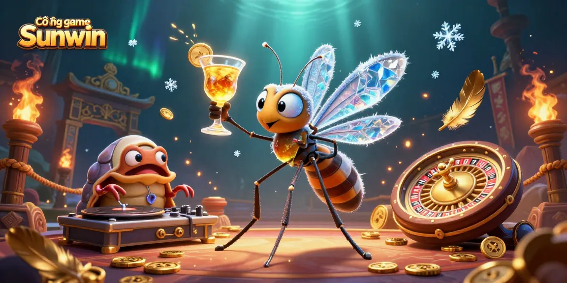 Cổng game Sunwin showcases a vibrant casino scene with a lively mosquito mascot and a trilobite DJ, enticing players to join the fun.