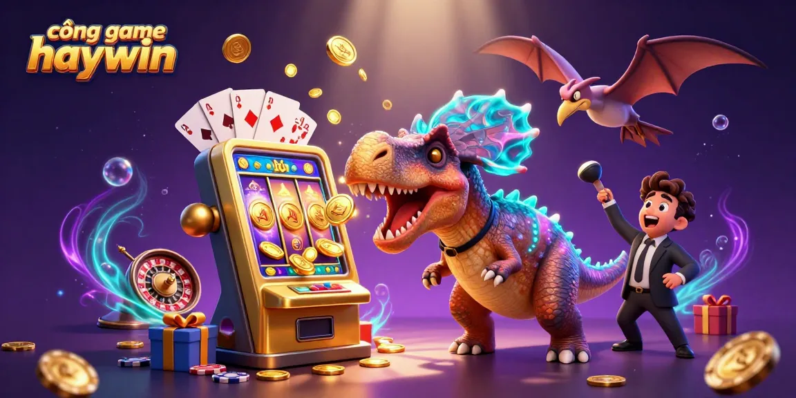 Cổng game haywin showcases a lively casino scene with a pachycephalosaurus interacting with a slot machine.