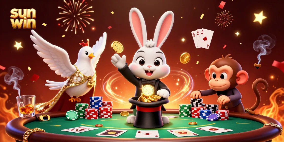 Experience the excitement of sun win with a dynamic casino scene featuring a magician rabbit and poker chips.